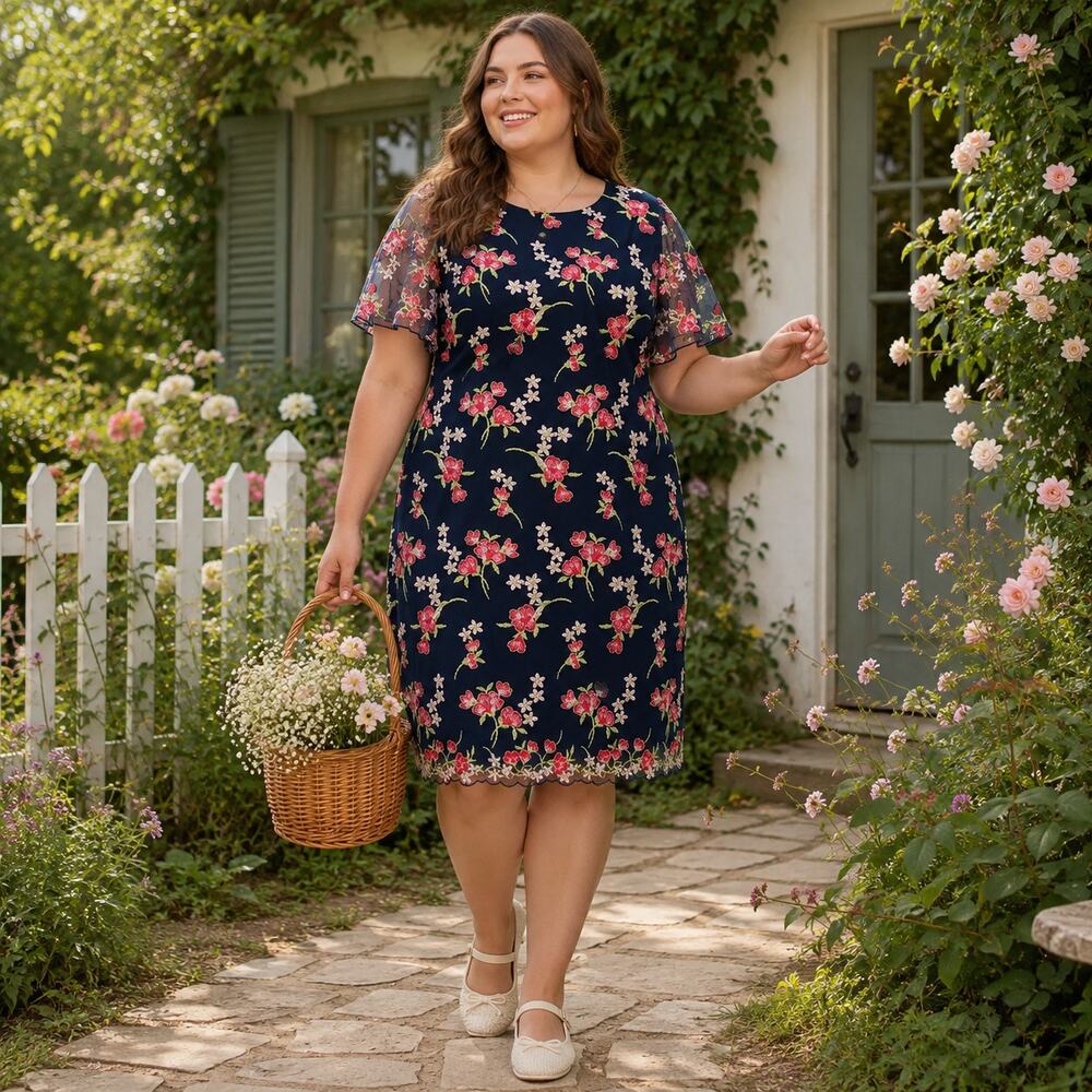 Jessica Howard Mesh Embroider Floral Midi Dress 16 Cottagecore Romantic Flutter